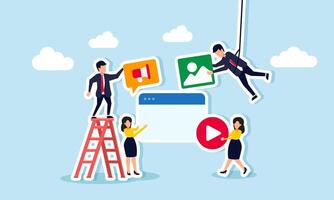 A group of businesspeople collaborating to provide input on digital marketing strategies, illustrating teamwork in promoting the company's business products. vector