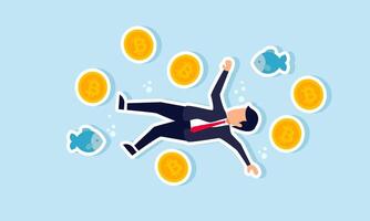 A businessman is submerged with a collection of bitcoins and fish around him, illustrating being trapped by the declining valuation of bitcoin. vector