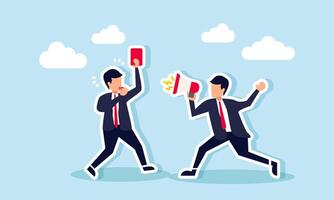 A businessman acting as a referee shows a red card to another businessman using a megaphone, illustration of an ethical violation in promoting a business. vector