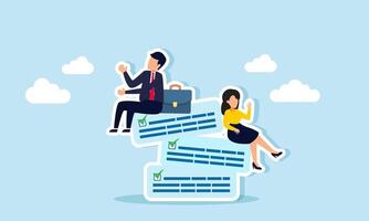 A businessman and businesswoman are relaxing on a pile of checkboxes, illustration of the successful and smooth completion of all business projects. vector