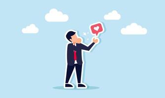 A businessman is showing a shiny heart symbol, illustrating appreciation for the performance of the team. vector