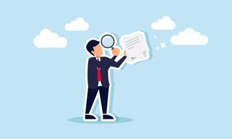A businessman examining a contract with a magnifying glass, illustrating the study of a business agreement that has been signed. vector