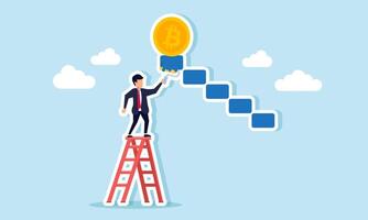 A businessman climbing a ladder to paint the blocks supporting a bitcoin, illustrating the effort to secure bitcoin assets vector