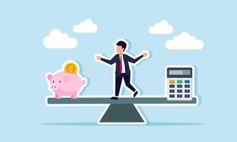 A businessman on a seesaw with a piggy bank and calculator on the other side, illustrating the balance of spending and investment calculations. vector