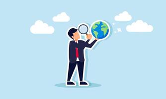 A businessman observing the globe with a magnifying glass, illustrating the examination of emerging global business trends. vector