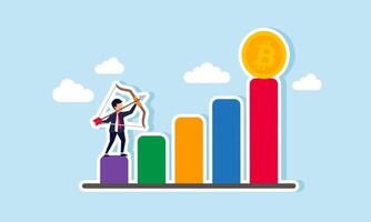 A businessman is aiming at a bitcoin positioned at the peak of a chart, illustrating the goal of buying bitcoin at a specific price hoping for future all-time highs. vector