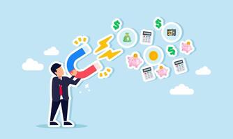 A businessman holding a magnet is attracting financial elements, illustration of the effort to acquire targetable financial resources for the company. vector