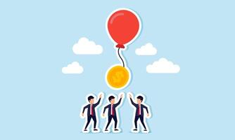 A group of businessmen competing for a dollar coin attached to a floating balloon string, an illustration of competition in the business to secure new revenue from upcoming projects vector