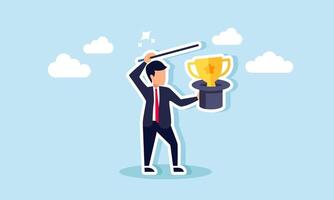 A magician businessman performs a hat trick revealing a trophy, illustration of shortcuts or improper methods in achieving business success. vector