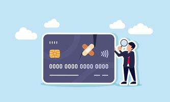 A businessman with a magnifying glass examines a damaged debit or credit card, illustrating the investigation of causes and solutions for financial losses and stabilization vector