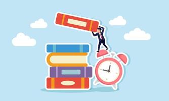 A businessman carrying a book is climbing on an alarm clock to organize the book, an illustration of the completion of a business project report on time. vector