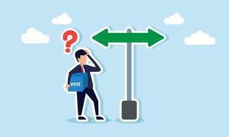 A businessman holding a vote box feeling confused about which direction to take, illustrating indecision in making a choice vector
