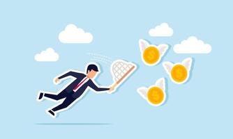 A businessman with a net is trying to catch a group of flying dollar coins with wings, an illustration of the act of collecting dollar assets. vector