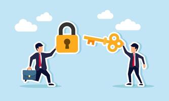 A businessman carries a lock while another carries a key to combine, illustration of business collaboration in finding joint solutions to business problems or a win-win solution vector
