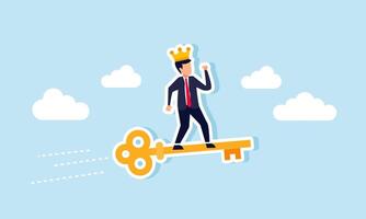 A businessman with a crown riding a golden key flying swiftly in the sky, an illustration of key factors in achieving a successful business career vector