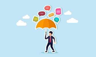 A businessman holding an umbrella protects himself from a rain of text dialogues, illustrating sheltering from or ignoring insults and negative remarks about his business vector