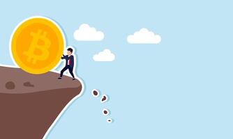 A businessman holds back a large Bitcoin rolling down a cliff, illustrating efforts to maintain the value of Bitcoin investment assets vector