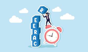 A businessman carrying a box labeled R is climbing on an alarm clock to arrange boxes labeled CAREER, an illustration of the journey to reaching the highest level career in management. vector