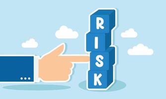A hand pushes a stack of boxes labeled RISK, illustrating staying in the comfort zone where low risk vector