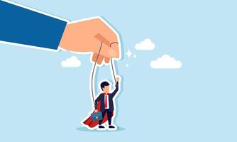 A super businessman is controlled by a string connected to his hand, illustrating the game of business in playing the role of a company with strong management and financial foundations vector