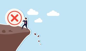 A businessman holds back a large ball labeled with a cross rolling down a cliff, illustrating efforts to maintain a disagreement during a business meeting vector
