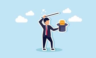 A magician businessman performs a hat trick revealing a pile of coins, illustration of shortcuts or improper methods to increase business assets or company revenue. vector