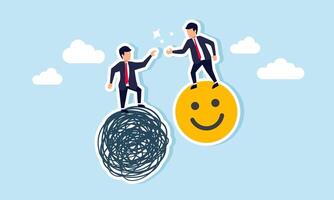A businessman facing a complex problem asks for help from a kind-hearted businessman riding a smiley emoticon, illustrating receiving help when dealing with issues vector