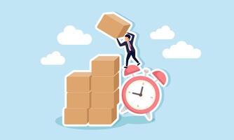 A businessman carrying a cardboard box is climbing on an alarm clock to organize the box, an illustration of the arrangement of production stock according to the schedule. vector