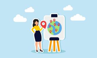 A businesswoman holding a location pin attempts to place it on a board featuring a globe, illustrating targeting strategic locations for her latest project vector
