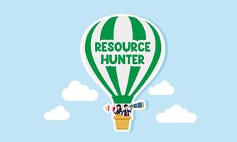 A businessman using binoculars and a businesswoman speak with megaphone are in a hot air balloon labeled Resource Hunter, an illustration of search for potential resources for business. vector