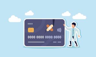 A doctor stands beside a damaged debit or credit card, illustrating the need for collaboration with third parties to solve the company's financial issues vector