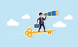 A businessman looking through a telescope while riding a golden key flying swiftly in the sky, an illustration of vision in identifying key success factors in business vector