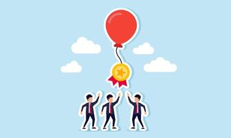 A group of businessmen competing for an award medal attached to a floating balloon string, an illustration of business competition to become a leading player in their field vector