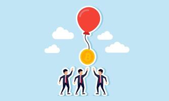 A group of businessmen competing for a bitcoin attached to a floating balloon string, an illustration of competition in business for owning bitcoin stocks as an investment. vector
