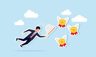 A businessman with a net is trying to catch a group of flying award medals with wings, an illustration of the act of collecting awards and becoming a successful entrepreneur. vector