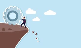 A businessman holds back a large gear rolling down a cliff, illustrating efforts to maintain an effective and efficient company system vector