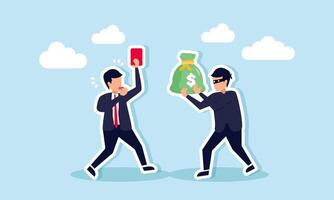 A businessman acting as a referee shows a red card to a dollar thief, illustration of a violation by a thief of company assets resulting in punishment from authorities. vector