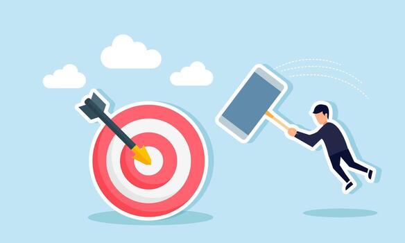 A businessman with a large hammer is trying to hit a target board, an illustration of the completion of planned business goals. vector