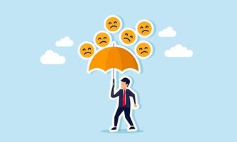 A businessman holding an umbrella protects himself from a rain of sad emoticons, illustrating indifference to negative responses or hatred from business competitors vector