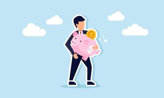 A businessman carrying a shining piggy bank, an illustration of the strong performance and increasing value of investment assets and capital gains. vector
