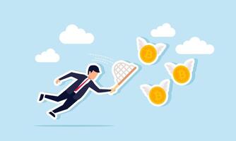 A businessman with a net is trying to catch a group of flying bitcoins with wings, an illustration of the act of buying or collecting bitcoin assets. vector