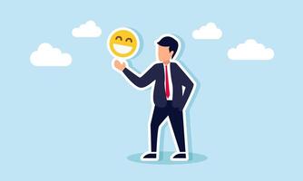 A businessman displays a smiley emoticon, illustration of happiness with the results and performance of the business vector