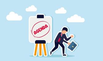 A businessman with a downcast expression stands next to a sign that reads AGENDA an illustration of how a packed business schedule leads to exhaustion. vector
