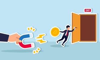 A businessman clings to a door, trying to protect his bitcoin from the pull of a magnet, an illustration of the effort to safeguard bitcoin assets. vector