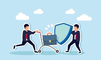 A businessman with a cart filled with briefcases is blocked by another holding a shield, illustration of the rejection of workload exceeding standard operating procedures or SOP vector