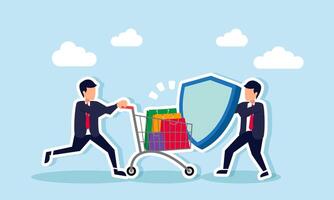 A businessman with a cart filled with shopping bags is blocked by another holding a shield, illustration of the rejection of budget expenses exceeding the management fee in a company vector