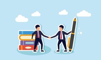 A businessman hold a pen shakes hands with another beside a stack of books, illustration of an agreement between the project holder and the business owner on the completed report. vector