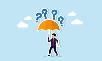 A businessman holding an umbrella protects himself from a rain of question marks, illustrating selfishness in business or indifference to questions directed at his company vector