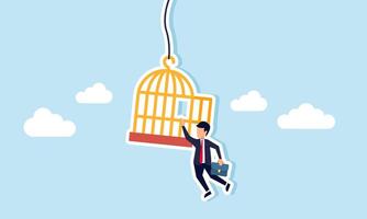 A businessman hanging on to a cage before falling, illustrating the struggle to save himself from losses and a failing business vector
