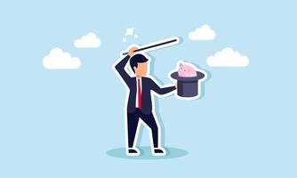 A magician businessman performs a hat trick revealing a piggy bank, illustration of shortcuts or improper methods to increase investment assets. vector